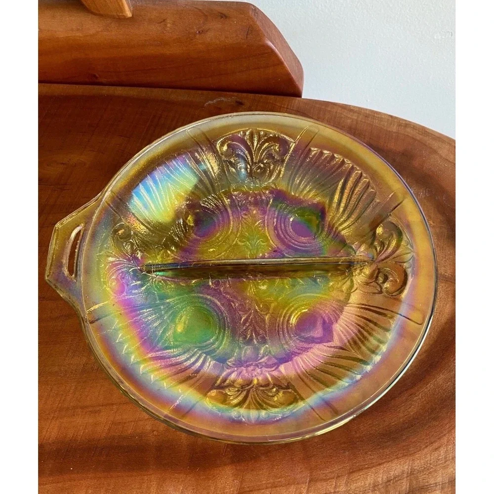 Indiana Glass Killarney Marigold Carnival Glass Divided Relish Dish Tab Handle